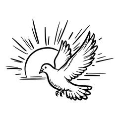 Obraz premium Dove flying with sun rays in background and sunset scene in a sketchy doodle style 