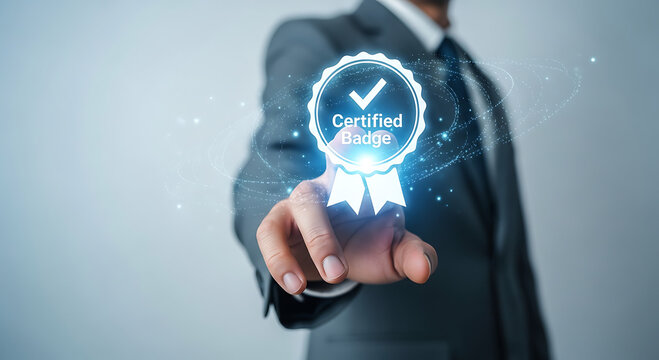 Professional man in suit reaching towards glowing digital certified badge with checkmark and ribbons