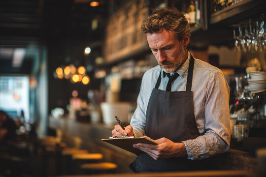 A waiter taking an order on a notepad while standing attentively at a fully booked caf&eacute;.