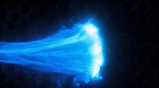 Abstract blue energy stream with hexagonal shapes in a dark background
