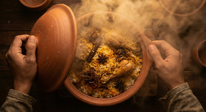 Hands Opening Clay Pot Lid to Reveal Steaming Aromatic Chicken Biryani with Basmati Rice and Spices