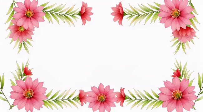 Beautiful pink flower frame border for cards with green leaves on white