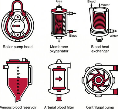 Set of 6 Flat Cardiopulmonary Bypass Machine Core Component Icons on White Background