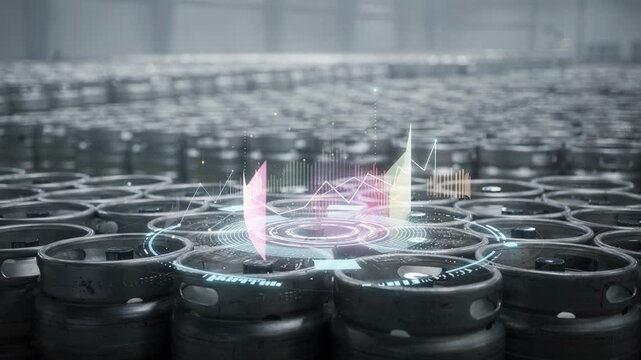 Medium shot showing a large event spaces keg monitoring interface with focused sensor data and less defined rows of kegs fading into the background.