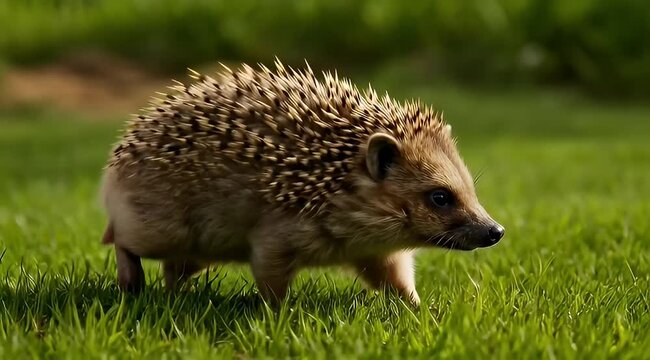 Adorable European hedgehog gracefully strolling through lush green grass on a sunny day