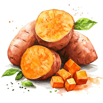 Baked Sweet Potatoes, vector clipart in watercolor with smooth gradients, isolated on a white background.