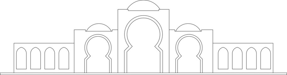 Architectural facade with arched portals, dining area sections, curved roof structures, isometric site plans, master plans, and fitness CAD symbols.