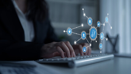 A business professional interacts with a keyboard in a modern office, surrounded by abstract...