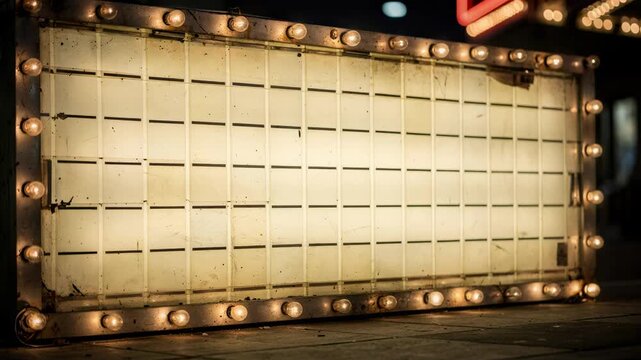 Medium shot of a retro changeable letter marquee illuminated by warm lights sharp focus on letter tiles showing film times and flickering bulbs out of focus.