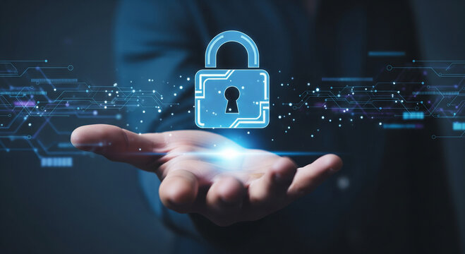 A hand holding a glowing blue digital padlock, perfect for data encryption concepts and network security plans