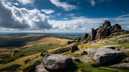 Fototapeta premium Beautiful, isolated, serene, unpopulated landscape showcasing Dartmoor – Granite tors, open moorland, and rugged landscapes in Devon