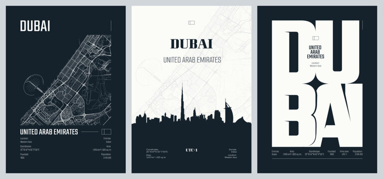 Detailed urban street plan city map Dubai the most populous city in the United Arab Emirates, Vector set of travel posters, Silhouette city skyline artwork, set 2
