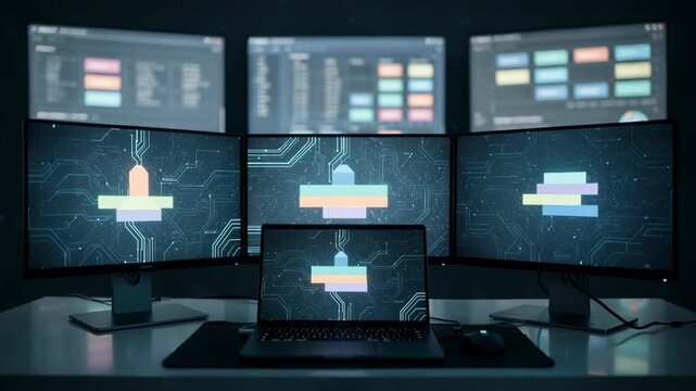 Medium shot of a blockchainbased rights management desk with a smart contract interface in sharp focus blurred background showing catalog metadata dashboards.