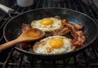 rustic cast iron skillet frying bacon and sunny side up eggs.