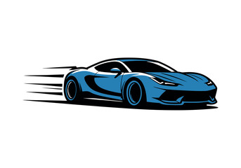 A sleek blue sports car speeding along a white background with motion blur