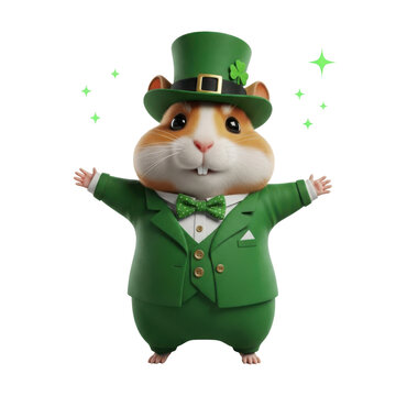 A whimsical hamster dressed in a green leprechaun outfit with a top hat and bow tie.