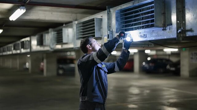 Medium view of a mechanic examining air flow vents in an underground parking garage vents in clear focus with blurred structural columns and vehicles.