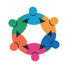 A group of diverse people forming a circle with arrows pointing to each other, symbolizing teamwork and unity.