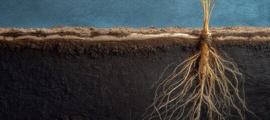 Fototapeta premium Seed and root network in soil cross-section showing AI-like branching structure