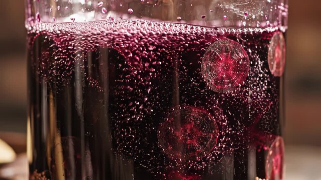 Close Up Dark Red Sparkling Beverage Inside Clear Glass Container With Tiny Brown Spheres At Bottom And Numerous Bubbles Blurred Dark Background