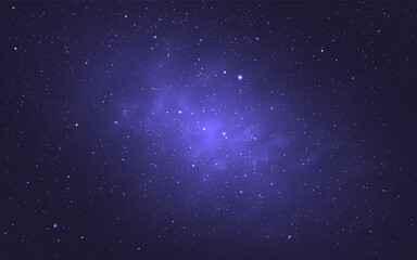 Space background. Realistic cosmos texture. Color nebula with bright stars. Deep universe with constellation. Magic starry galaxy with stardust. Purple outer space. Vector illustration. © Vegorus