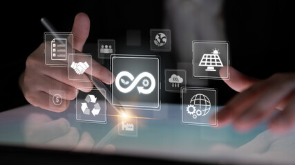 Fototapeta premium Circular economy supports sustainable development. Circular economy reduces waste, circular economy promotes reuse, circular economy boosts efficiency, and drives innovation. Latch