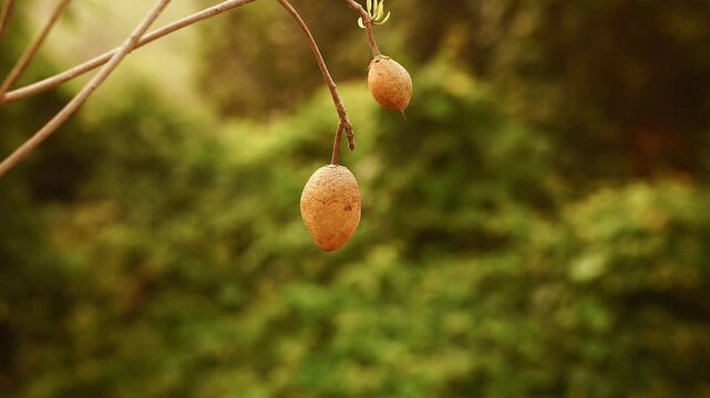 Sapodilla fruit hanging on blurred background
