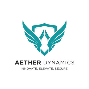 Aether Dynamics logo with winged shield emblem and innovative tagline.