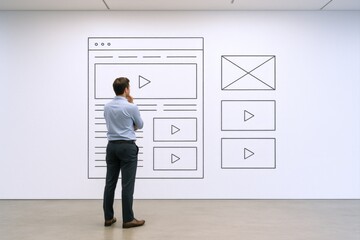 Fototapeta premium Man Contemplating Website Wireframe on Wall: Web Design, UI/UX Development, and Digital Strategy Visualization