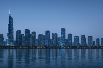 Fototapeta premium Modern Cityscape Reflection at Twilight: A Stunning Skyline View of Urban Development and Architecture