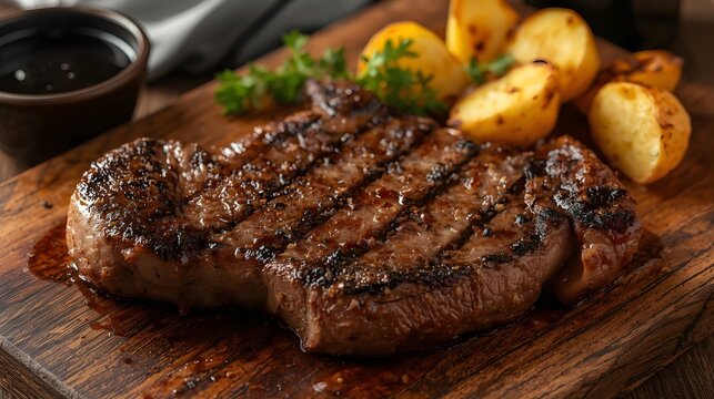 A perfectly seared ribeye steak resting on a rustic wooden board, showing off beautiful char marks and a glistening, juicy exterior.