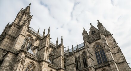 Fototapeta premium Architectural Grandeur: A Low-Angle View of an Imposing Gothic Cathedral Against a Cloudy Sky