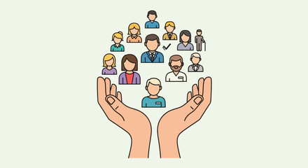 Illustration of diverse people floating above open hands symbolizing community and support in a graphic representation