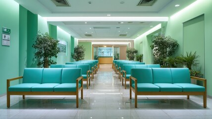 Fototapeta premium Spacious Waiting Area with Comfortable Seating in Calming Green Tones for Healthcare or Corporate Environment