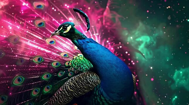 Mythical peacock with galaxy feather train displaying nebulae in vibrant emerald