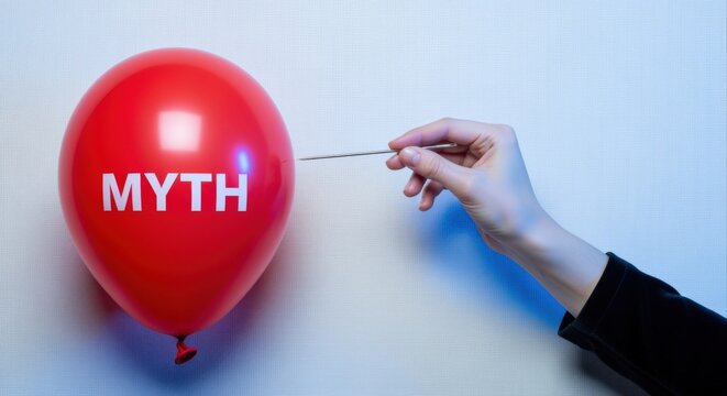 Debunking Myths: Hand Popping Red Balloon with Needle, Concept of Truth and Reality