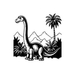 Happy Brontosaurus dinosaur in a prehistoric landscape with palm trees and mountains, black and white vector illustration. © davis