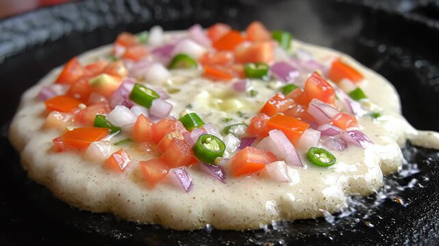 Close-up of a savory South Indian dosa cooking on a hot griddle topped with fresh diced tomatoes onions and green chilies a delicious and healthy breakfast option