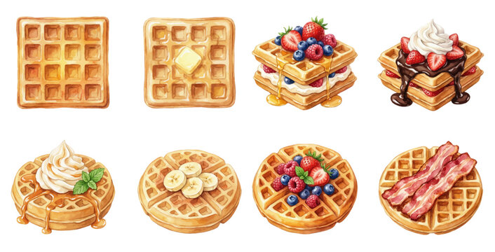 A charming watercolor collection of waffles, including classic squares, berry stacks, whipped cream, and bacon topping.