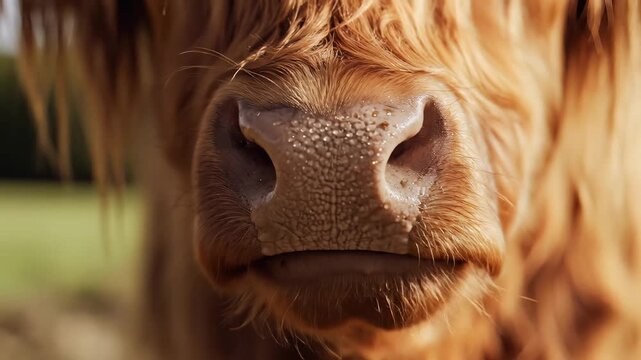 Close-up portrait of a Highland cow's face with a distinctive nose and shaggy fur.