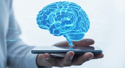 Artificial Intelligence Concept: Human Brain Hologram Projection on Smartphone, representing mental health, technology, and innovation.
