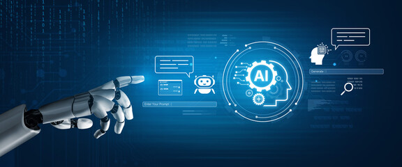 Naklejka premium A generative AI assistant displays its own user interface. This platform is designed for users to enter prompts, interact with the AI chatbot, and generate intelligent content. Fermion