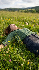 Young woman lying in a green meadow for mental health and wellness concept, peaceful relaxation in nature and mindfulness outdoors