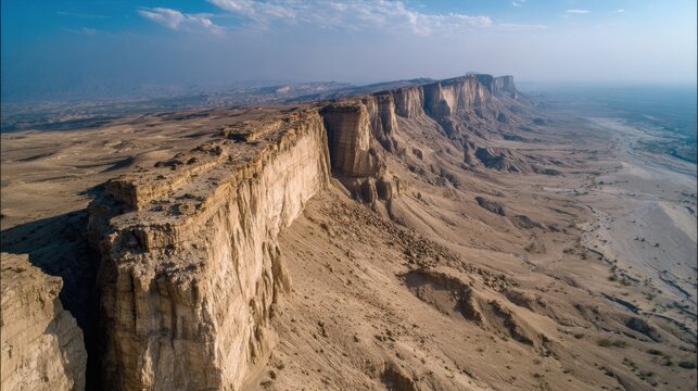 Aerial drone view of Balochistan province in Pakistan, vast arid mountains near the Makran region, dramatic cliffs and desert plains