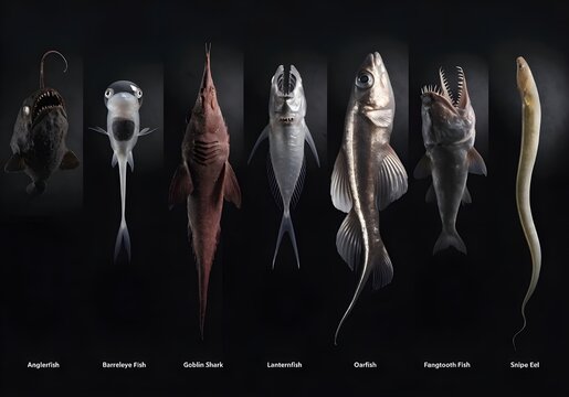 Front on studio lineup shows anglerfish, barreleye fish, goblin shark, lanternfish, oarfish, fangtooth fish, and snipe eel under spotlights on black, museum style.