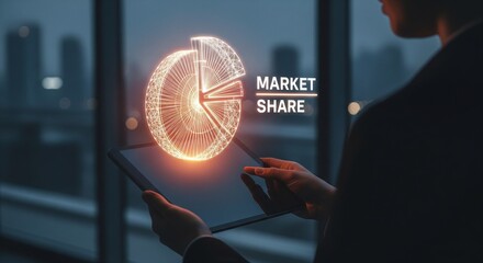 Fototapeta premium Tablet with Holographic Pie Chart and Market Share Text 