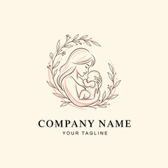 Obraz premium Mother and Child Line Art Logo Design with Floral Elements.