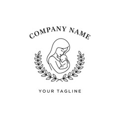 Mother and Child Line Art Logo Template with Laurel Wreath.
