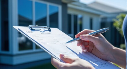 Home Inspection Report Being Filled Out on a Clipboard Outside of Modern House