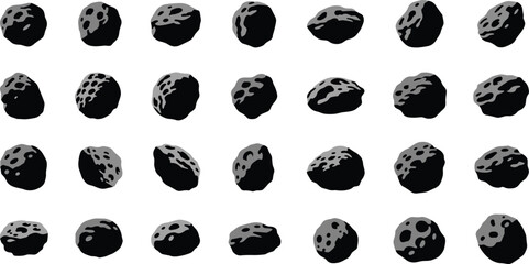 Collection of black and gray asteroids on white background © Mofajjol